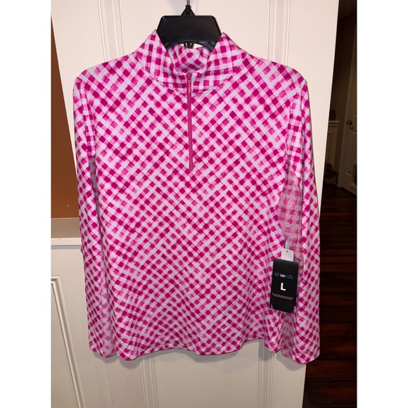 IBKUL Tops - IBKUL Womens Long Sleeve Quarter Zip Golf Top Size L Pink White Gingham UPF 50+